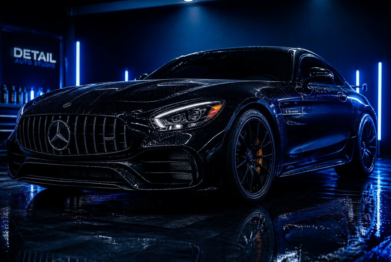 Ceramic coated black sports car glowing under red studio lighting